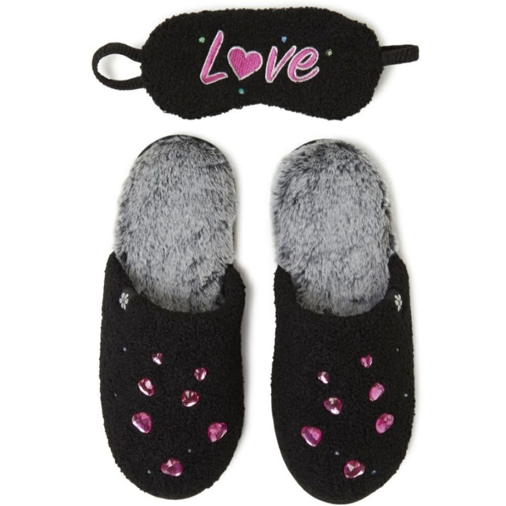 Faux Fur Slippers Sleep Mask Jeweled Embellished LOVE XL NEW